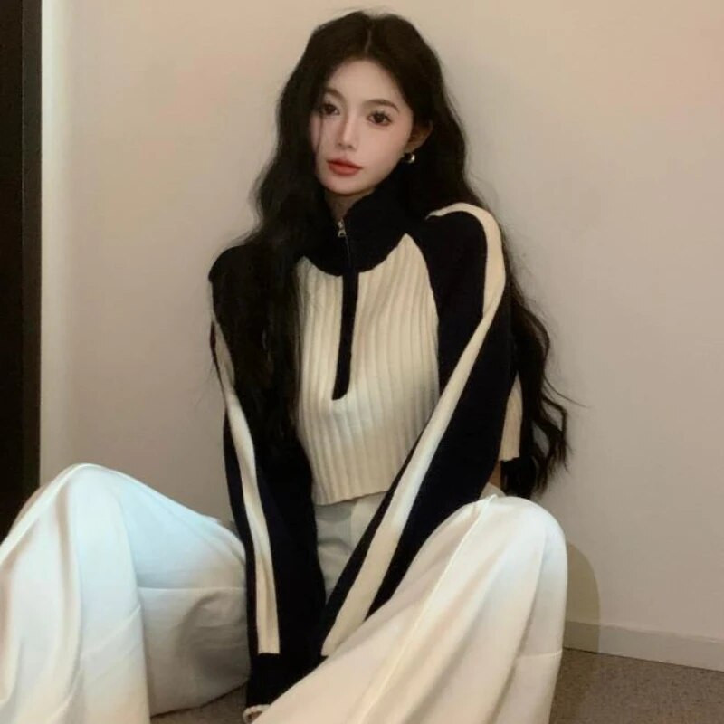 Paneļu jaciņš Sieviešu ar rāvējslēdzēju aizvelkams apģērbs Apgriezti džemperi Hotsweet Temper Stand Apkakle Trikotāža Slim Streetwear Pusaudžiem European Ins