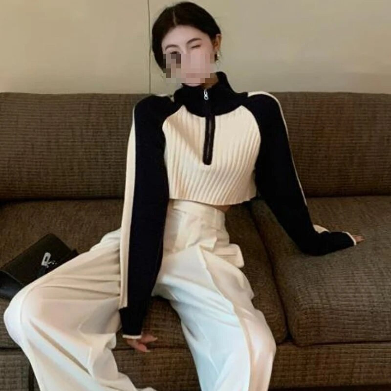 Paneļu jaciņš Sieviešu ar rāvējslēdzēju aizvelkams apģērbs Apgriezti džemperi Hotsweet Temper Stand Apkakle Trikotāža Slim Streetwear Pusaudžiem European Ins