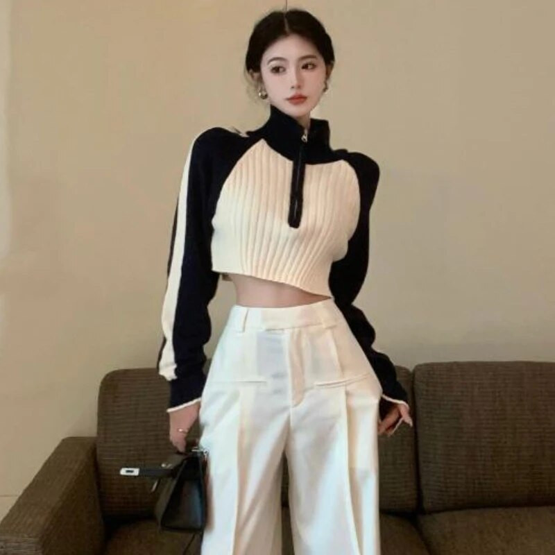 Paneļu jaciņš Sieviešu ar rāvējslēdzēju aizvelkams apģērbs Apgriezti džemperi Hotsweet Temper Stand Apkakle Trikotāža Slim Streetwear Pusaudžiem European Ins