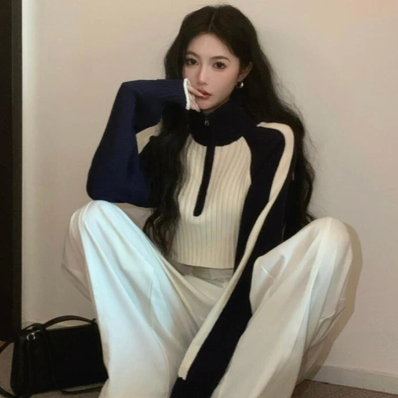 Paneļu jaciņš Sieviešu ar rāvējslēdzēju aizvelkams apģērbs Apgriezti džemperi Hotsweet Temper Stand Apkakle Trikotāža Slim Streetwear Pusaudžiem European Ins