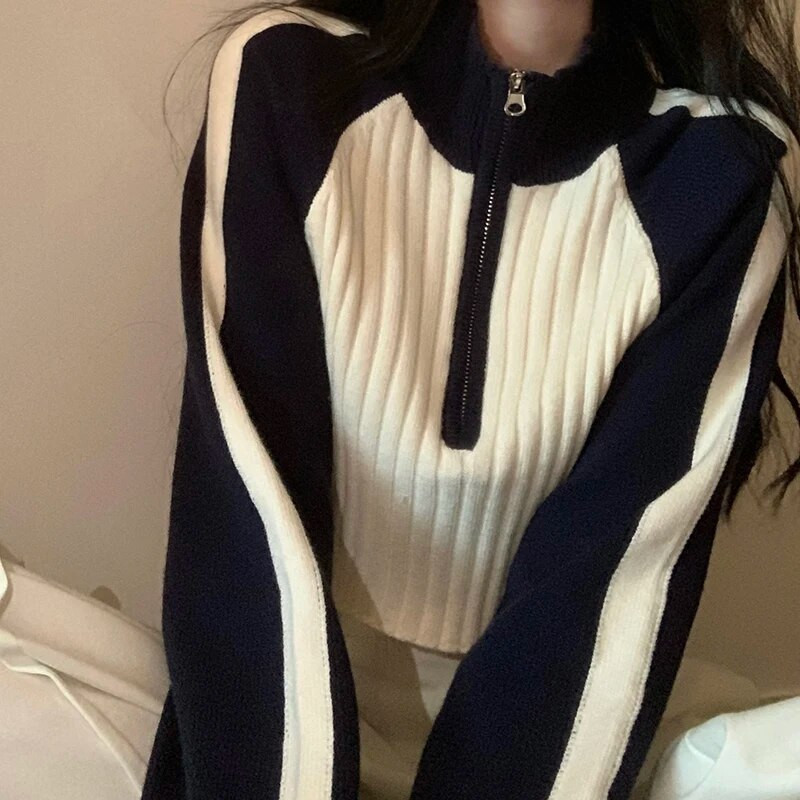 Paneļu jaciņš Sieviešu ar rāvējslēdzēju aizvelkams apģērbs Apgriezti džemperi Hotsweet Temper Stand Apkakle Trikotāža Slim Streetwear Pusaudžiem European Ins