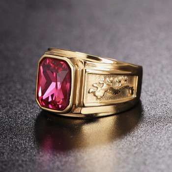 Творчески дизайн квадратен черен червен камък мъжки пръстен пънк ретро златен цвят двоен дракон пръстени от неръждаема стомана амулет бижута подарък