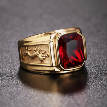 Творчески дизайн квадратен черен червен камък мъжки пръстен пънк ретро златен цвят двоен дракон пръстени от неръждаема стомана амулет бижута подарък