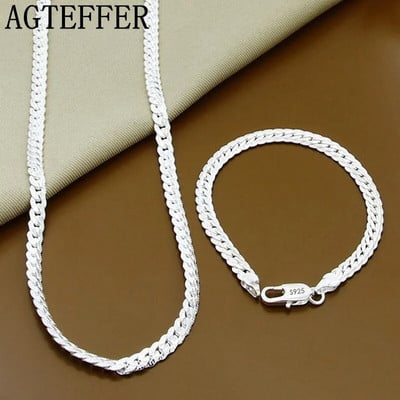 AGTEFFER S925 Sterling ezüst 2 részes 5 mm-es teljes oldalláncos nyaklánc karkötő nőknek Férfi Divatos ékszer készletek Esküvői ajándék