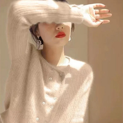 2023. gada rudens ziemas mohēras zils, apgriezts, adīts rozā sieviešu džemperis korejiešu modes īss augšējais retro plāns mēteļi džemperis