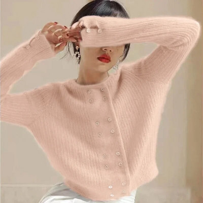 2023. gada rudens ziemas mohēras zils, apgriezts, adīts rozā sieviešu džemperis korejiešu modes īss augšējais retro plāns mēteļi džemperis