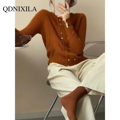 2023. gada rudens ziemas mohēras zils, apgriezts, adīts rozā sieviešu džemperis korejiešu modes īss augšējais retro plāns mēteļi džemperis