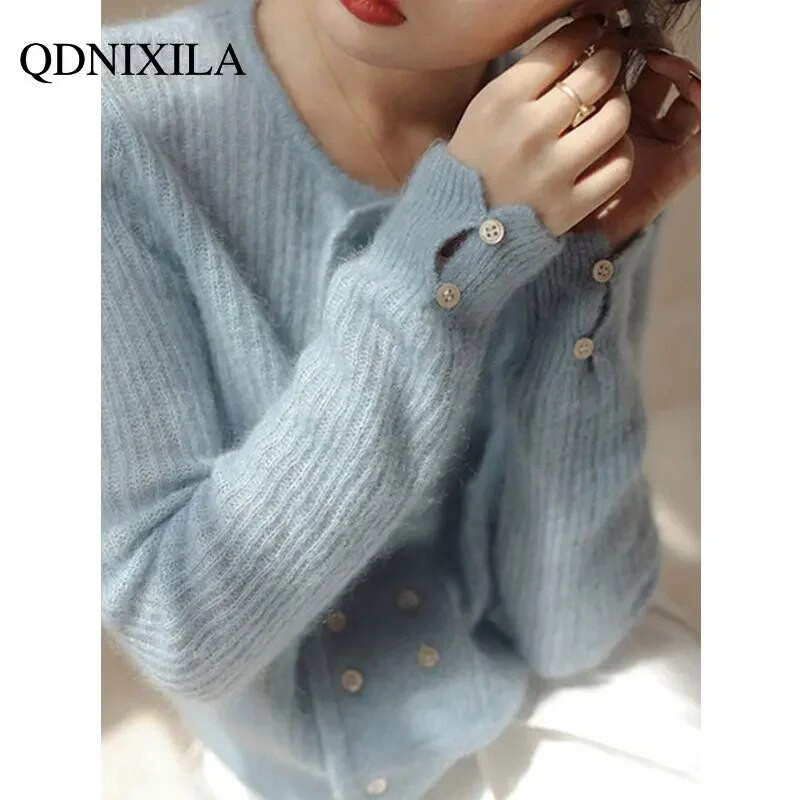 2023. gada rudens ziemas mohēras zils, apgriezts, adīts rozā sieviešu džemperis korejiešu modes īss augšējais retro plāns mēteļi džemperis