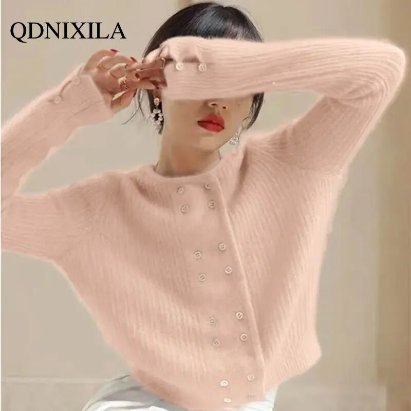 2023. gada rudens ziemas mohēras zils, apgriezts, adīts rozā sieviešu džemperis korejiešu modes īss augšējais retro plāns mēteļi džemperis