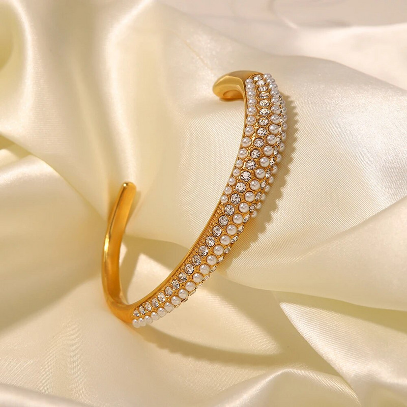 Youthway rozsdamentes acél többrétegű strassz gyöngy geometriai nyitott mandzsetta karkötő karkötő női temperamentum ékszer ajándék