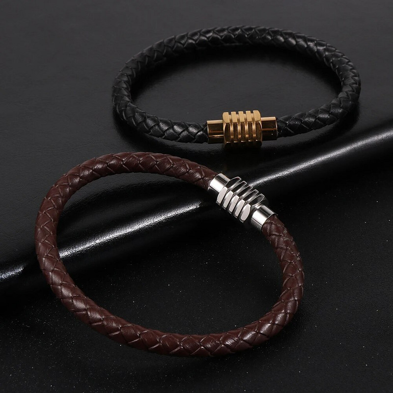 Egyszerű férfi női fekete barna sima valódi bőr zsinór karkötők marhabőr rozsdamentes acél mágneses csat karkötő