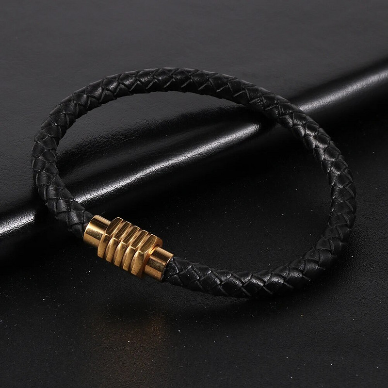 Egyszerű férfi női fekete barna sima valódi bőr zsinór karkötők marhabőr rozsdamentes acél mágneses csat karkötő