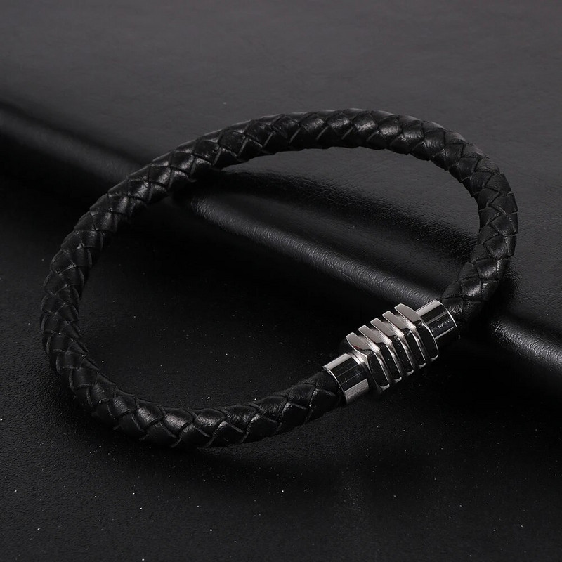 Egyszerű férfi női fekete barna sima valódi bőr zsinór karkötők marhabőr rozsdamentes acél mágneses csat karkötő
