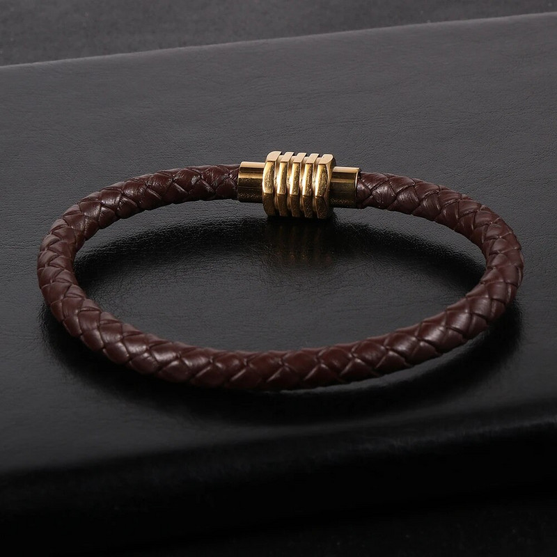 Egyszerű férfi női fekete barna sima valódi bőr zsinór karkötők marhabőr rozsdamentes acél mágneses csat karkötő