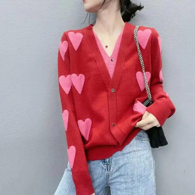 Sieviešu džemperis Trikotāžas jaciņš V veida kakla izgriezumā Love Jacquard jaciņš ar garām piedurknēm Džemperis Korejas modes jaciņš sievietēm