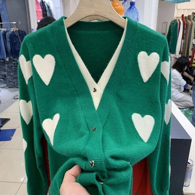 Sieviešu džemperis Trikotāžas jaciņš V veida kakla izgriezumā Love Jacquard jaciņš ar garām piedurknēm Džemperis Korejas modes jaciņš sievietēm