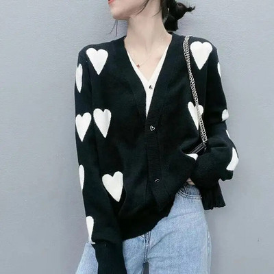 Sieviešu džemperis Trikotāžas jaciņš V veida kakla izgriezumā Love Jacquard jaciņš ar garām piedurknēm Džemperis Korejas modes jaciņš sievietēm