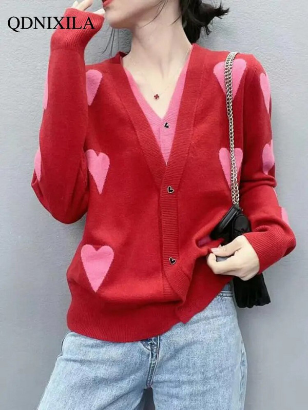 Sieviešu džemperis Trikotāžas jaciņš V veida kakla izgriezumā Love Jacquard jaciņš ar garām piedurknēm Džemperis Korejas modes jaciņš sievietēm