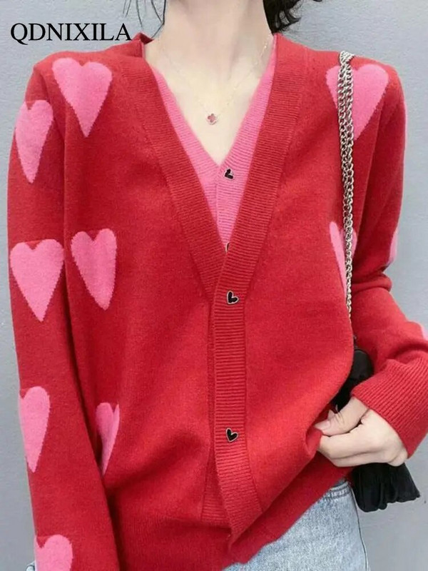 Sieviešu džemperis Trikotāžas jaciņš V veida kakla izgriezumā Love Jacquard jaciņš ar garām piedurknēm Džemperis Korejas modes jaciņš sievietēm