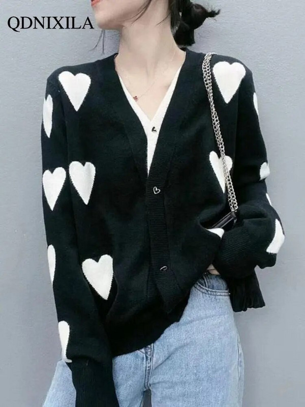Sieviešu džemperis Trikotāžas jaciņš V veida kakla izgriezumā Love Jacquard jaciņš ar garām piedurknēm Džemperis Korejas modes jaciņš sievietēm