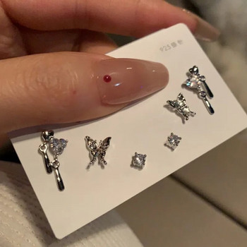 Y2K 6 бр./компл. сребърни цветни обеци с пеперуди от кристали за жени 2023 г. Модни пънк комплекти обеци със сърце Подаръци за бижута