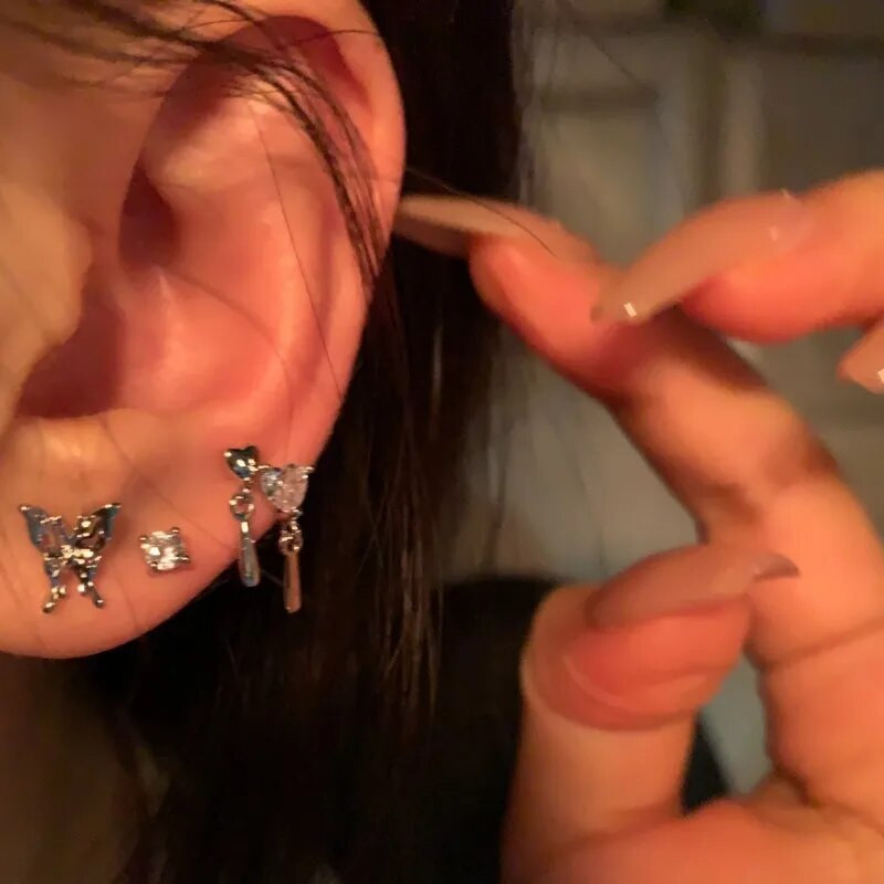 Y2K 6gab./komplektā Sudraba krāsa Rhinestone Butterfly Stud Stud Auskari sievietēm 2023 Mode Punk Sirds Auskaru Komplekti Rotaslietas Dāvanas