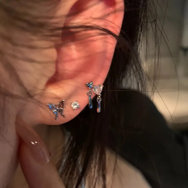 Y2K 6gab./komplektā Sudraba krāsa Rhinestone Butterfly Stud Stud Auskari sievietēm 2023 Mode Punk Sirds Auskaru Komplekti Rotaslietas Dāvanas