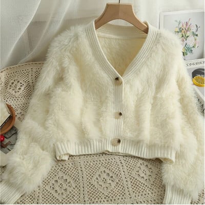 Madingi moteriški megztiniai 2023 m. rudens ir žiemos Nauji dirbtiniai audinės pūkiniai megzti striukė Stora V formos iškirpte, tingūs moteriški megztiniai, nertiniai megztiniai