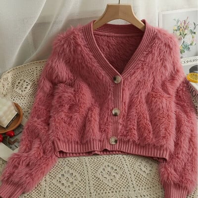 Madingi moteriški megztiniai 2023 m. rudens ir žiemos Nauji dirbtiniai audinės pūkiniai megzti striukė Stora V formos iškirpte, tingūs moteriški megztiniai, nertiniai megztiniai