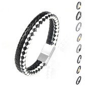 2 slāņi, kas atbilst krāsai, melna un balta govs ādas pītas ādas rokassprādzes no nerūsējošā tērauda magnētiskā aizdare Vīriešu rokassprādzes rotaslietas dāvanas