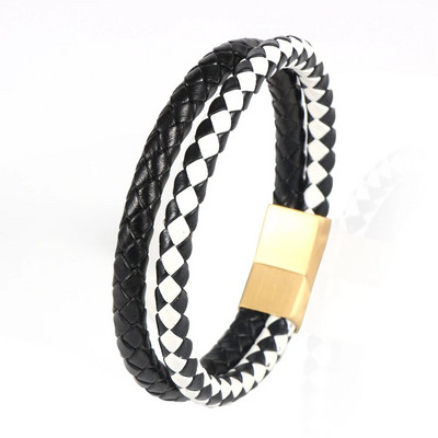 2 slāņi, kas atbilst krāsai, melna un balta govs ādas pītas ādas rokassprādzes no nerūsējošā tērauda magnētiskā aizdare Vīriešu rokassprādzes rotaslietas dāvanas