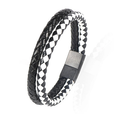 2 slāņi, kas atbilst krāsai, melna un balta govs ādas pītas ādas rokassprādzes no nerūsējošā tērauda magnētiskā aizdare Vīriešu rokassprādzes rotaslietas dāvanas