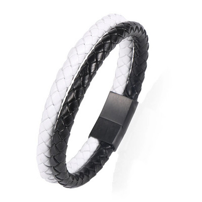 2 slāņi, kas atbilst krāsai, melna un balta govs ādas pītas ādas rokassprādzes no nerūsējošā tērauda magnētiskā aizdare Vīriešu rokassprādzes rotaslietas dāvanas