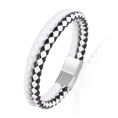 2 slāņi, kas atbilst krāsai, melna un balta govs ādas pītas ādas rokassprādzes no nerūsējošā tērauda magnētiskā aizdare Vīriešu rokassprādzes rotaslietas dāvanas