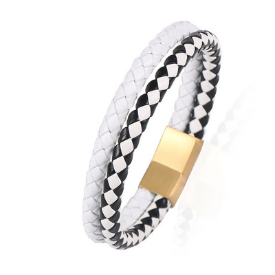 2 slāņi, kas atbilst krāsai, melna un balta govs ādas pītas ādas rokassprādzes no nerūsējošā tērauda magnētiskā aizdare Vīriešu rokassprādzes rotaslietas dāvanas