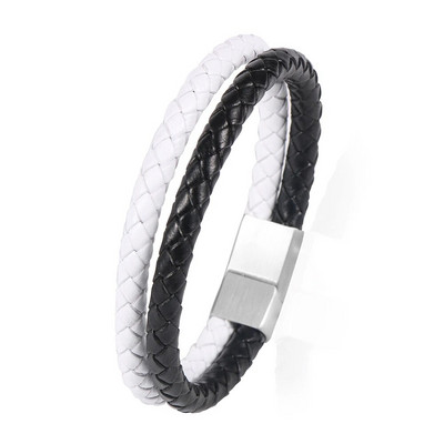 2 slāņi, kas atbilst krāsai, melna un balta govs ādas pītas ādas rokassprādzes no nerūsējošā tērauda magnētiskā aizdare Vīriešu rokassprādzes rotaslietas dāvanas