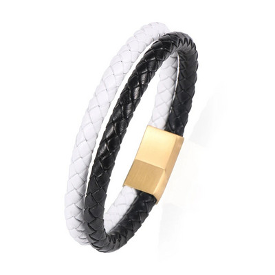 2 slāņi, kas atbilst krāsai, melna un balta govs ādas pītas ādas rokassprādzes no nerūsējošā tērauda magnētiskā aizdare Vīriešu rokassprādzes rotaslietas dāvanas