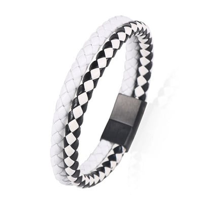 2 slāņi, kas atbilst krāsai, melna un balta govs ādas pītas ādas rokassprādzes no nerūsējošā tērauda magnētiskā aizdare Vīriešu rokassprādzes rotaslietas dāvanas