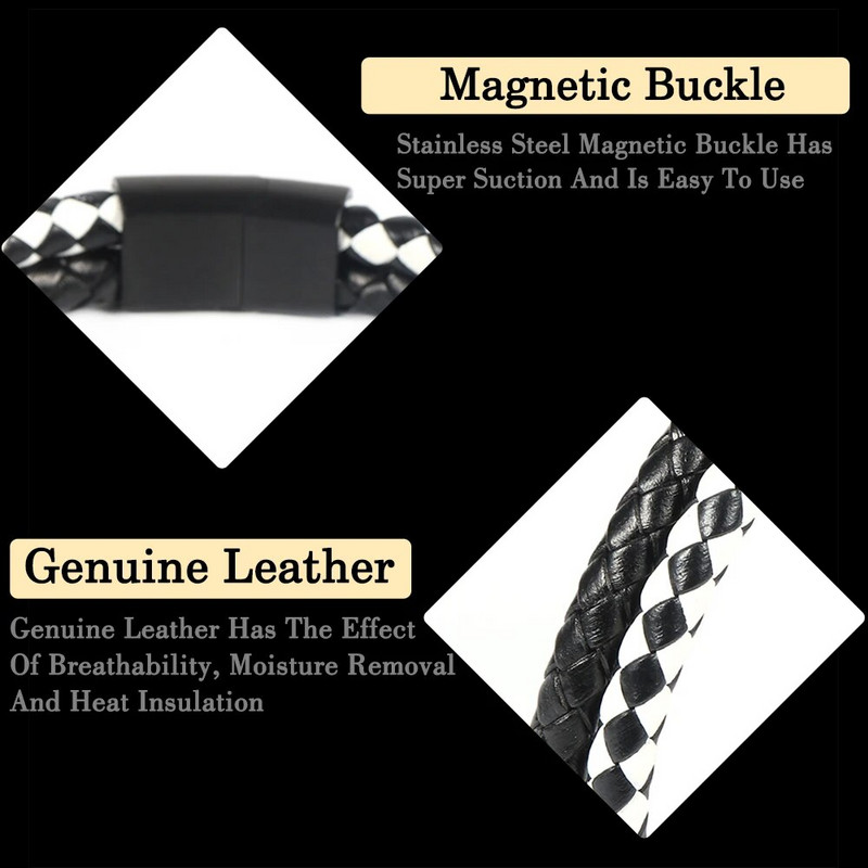 2 slāņi, kas atbilst krāsai, melna un balta govs ādas pītas ādas rokassprādzes no nerūsējošā tērauda magnētiskā aizdare Vīriešu rokassprādzes rotaslietas dāvanas