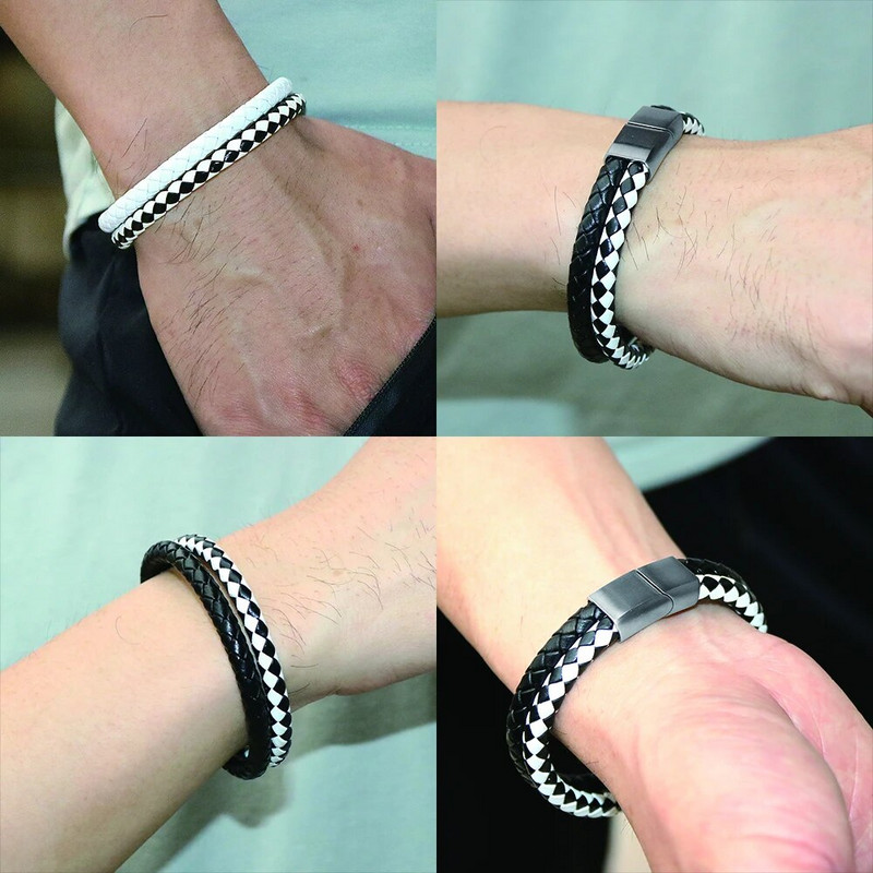 2 slāņi, kas atbilst krāsai, melna un balta govs ādas pītas ādas rokassprādzes no nerūsējošā tērauda magnētiskā aizdare Vīriešu rokassprādzes rotaslietas dāvanas