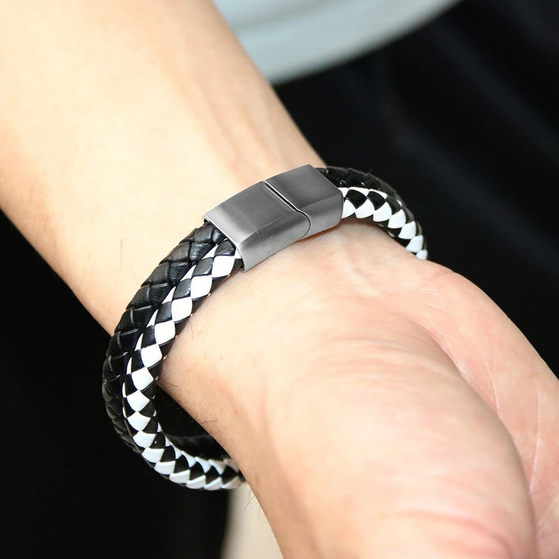 2 slāņi, kas atbilst krāsai, melna un balta govs ādas pītas ādas rokassprādzes no nerūsējošā tērauda magnētiskā aizdare Vīriešu rokassprādzes rotaslietas dāvanas