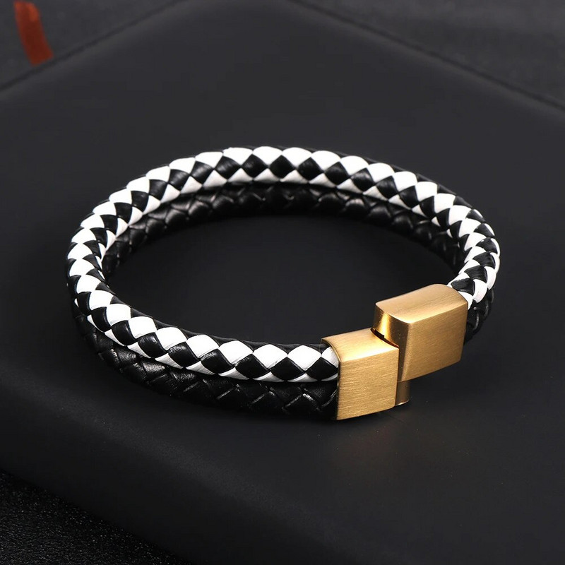 2 slāņi, kas atbilst krāsai, melna un balta govs ādas pītas ādas rokassprādzes no nerūsējošā tērauda magnētiskā aizdare Vīriešu rokassprādzes rotaslietas dāvanas