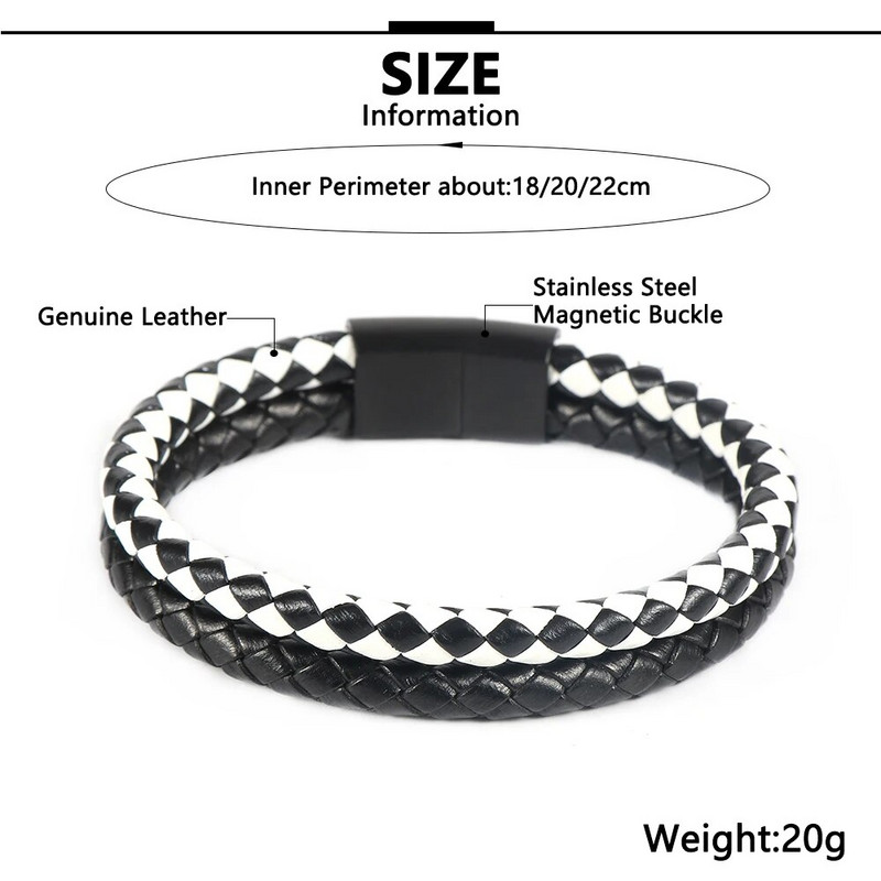 2 slāņi, kas atbilst krāsai, melna un balta govs ādas pītas ādas rokassprādzes no nerūsējošā tērauda magnētiskā aizdare Vīriešu rokassprādzes rotaslietas dāvanas