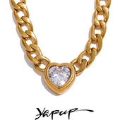 Yhpup από ανοξείδωτο ατσάλι Χρυσός σύνδεσμος αλυσίδας Heart Bling Zirconia κρεμαστό κολιέ 18K PVD επιμεταλλωμένο αδιάβροχο κοσμήματα μόδας Unisex