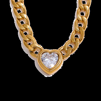 Yhpup από ανοξείδωτο ατσάλι Χρυσός σύνδεσμος αλυσίδας Heart Bling Zirconia κρεμαστό κολιέ 18K PVD επιμεταλλωμένο αδιάβροχο κοσμήματα μόδας Unisex