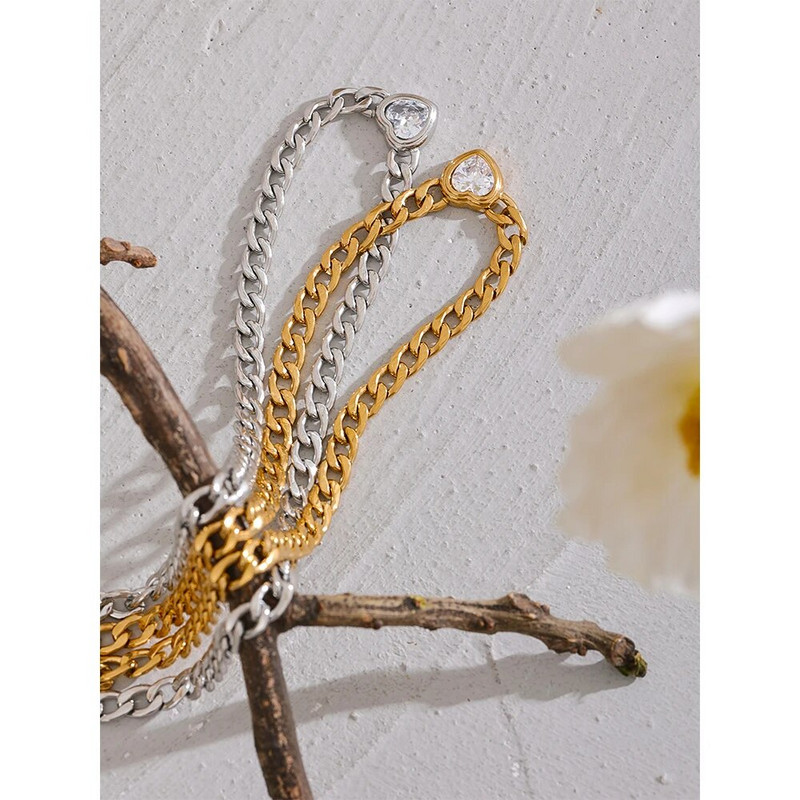 Yhpup από ανοξείδωτο ατσάλι Χρυσός σύνδεσμος αλυσίδας Heart Bling Zirconia κρεμαστό κολιέ 18K PVD επιμεταλλωμένο αδιάβροχο κοσμήματα μόδας Unisex