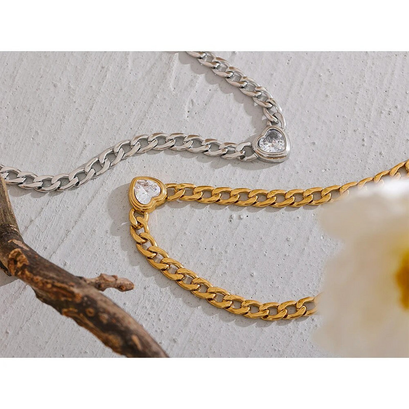 Yhpup από ανοξείδωτο ατσάλι Χρυσός σύνδεσμος αλυσίδας Heart Bling Zirconia κρεμαστό κολιέ 18K PVD επιμεταλλωμένο αδιάβροχο κοσμήματα μόδας Unisex