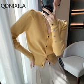 2023. gada rudens/ziemas V veida kakla izgriezuma trikotāžas sieviešu īss džemperis Modes daudzpusīgs SLIM korejiešu stila jaciņš sievietēm ar garām piedurknēm