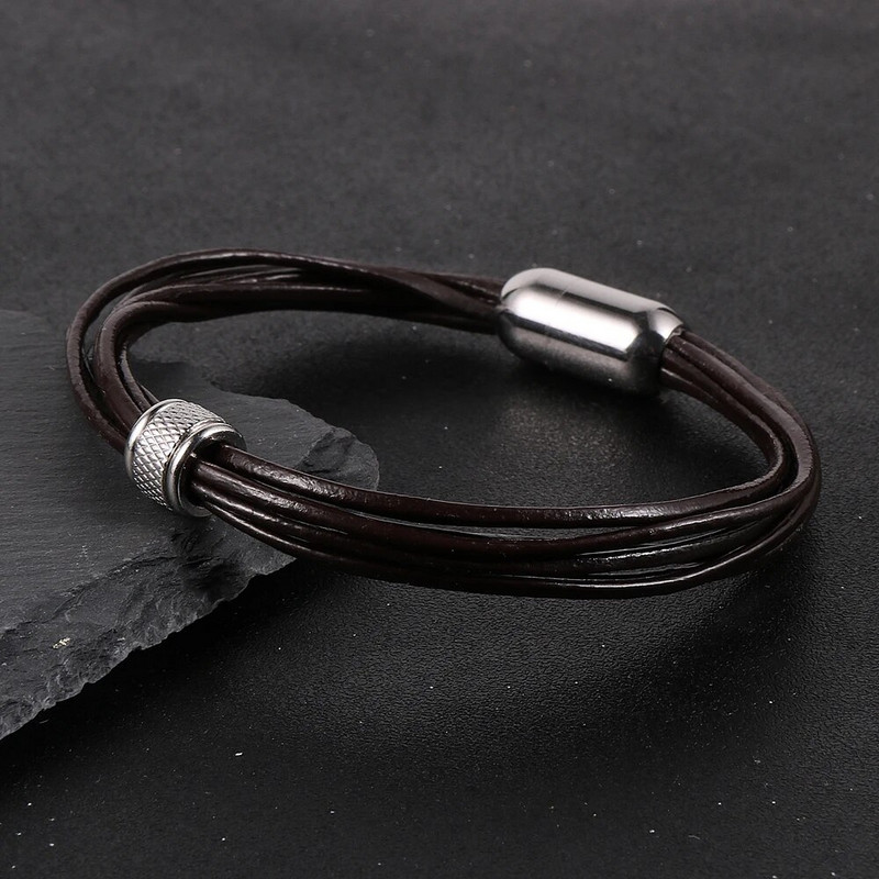 2022 új férfi női fekete barna rétegű marhabőr zsinór mandzsetta csuklópánt ékszerek rozsdamentes acél mágneses csatos varázskarkötő