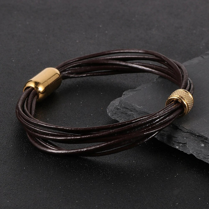 2022 új férfi női fekete barna rétegű marhabőr zsinór mandzsetta csuklópánt ékszerek rozsdamentes acél mágneses csatos varázskarkötő